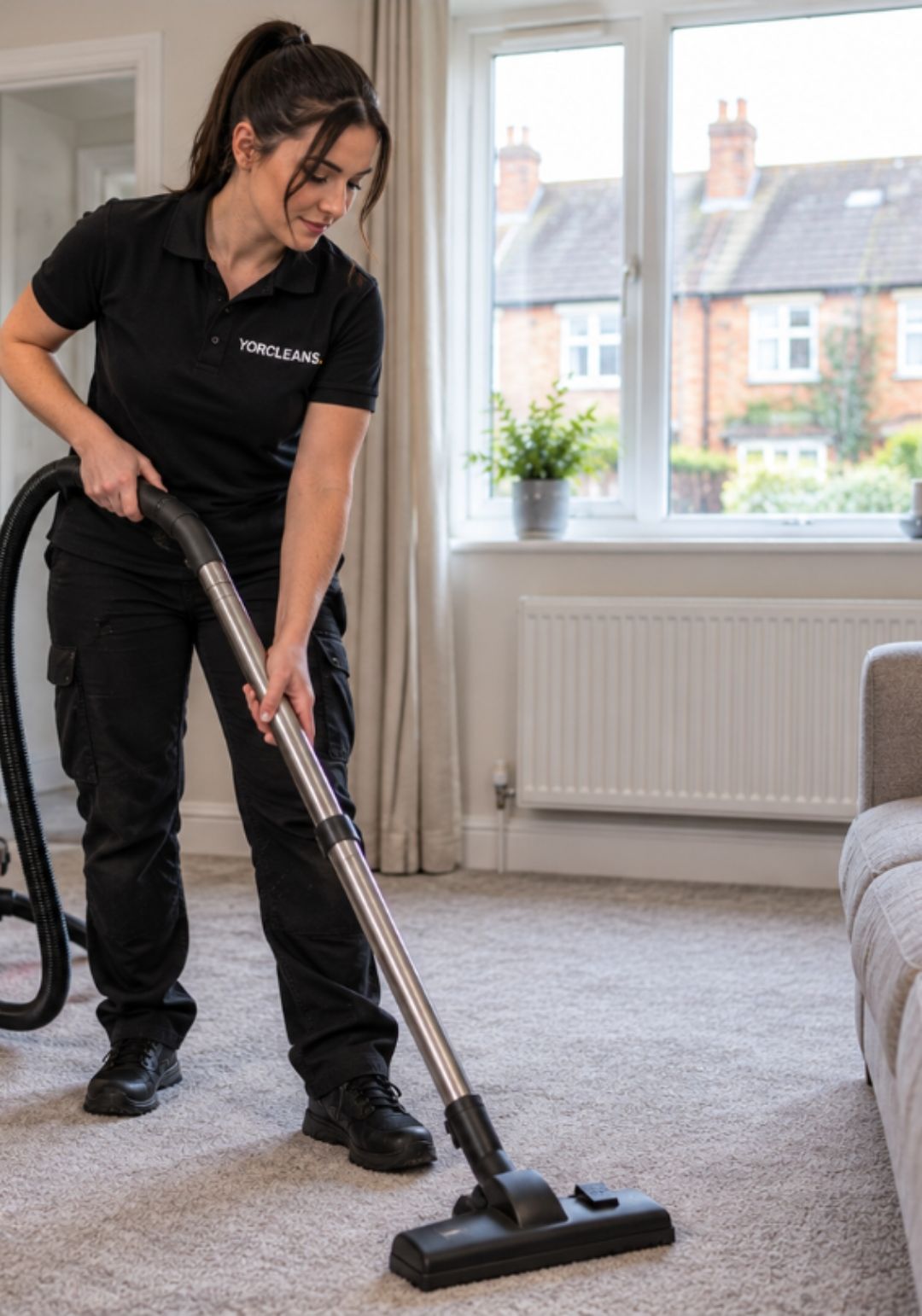A Yorcleans cleaner in branded uniform vacuuming a carpet in a UK living room