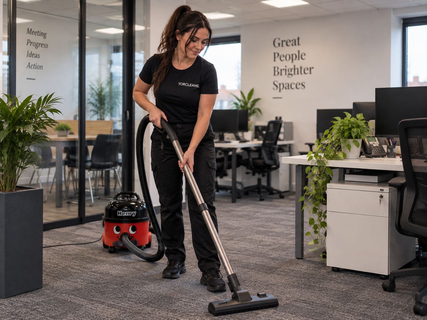 A Yorcleans cleaner in branded uniform vacuuming carpet tiles in a UK office