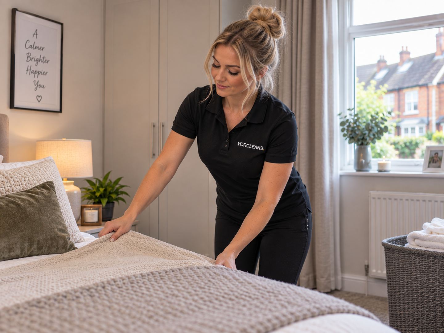 A Yorcleans cleaner in branded uniform making a bed in a lived in UK bedroom